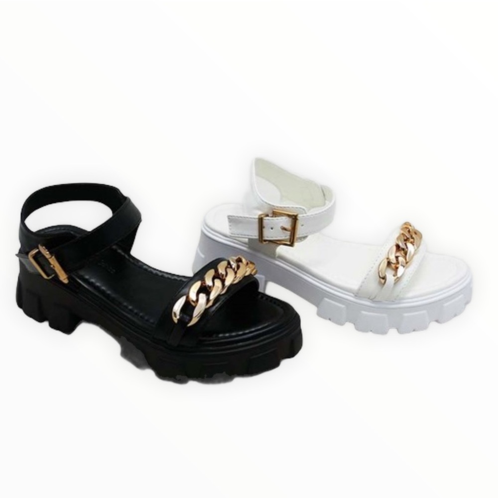 Black Chunky Platform Gold Chain Band Sandals - Picture 5 of 7